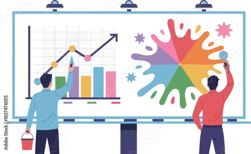 Billboard of Imagination: A striking illustration of two individuals at work, transforming a billboard into a canvas of colorful data, capturing the creative process and dynamic information.