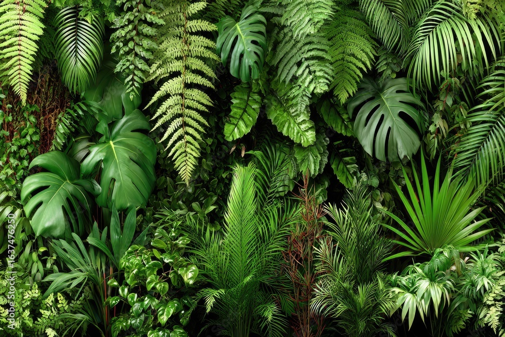 Fototapeta premium Lush tropical foliage wall