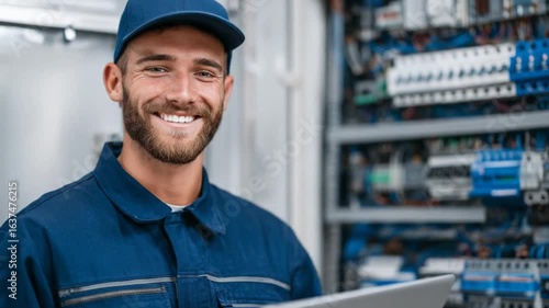 Smiling Electrician in Uniform by Electrical Panel Expertise and Professionalism.