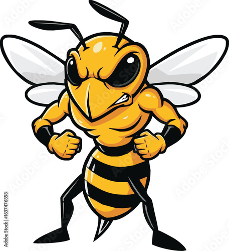 A fierce, muscular cartoon bee with clenched fists and an aggressive expression, ready for action.