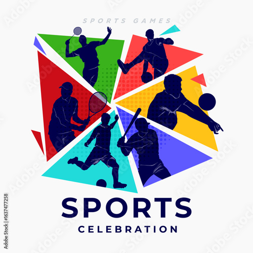 Colorful vector illustration of various sports silhouettes including badminton, tennis, soccer, baseball, and basketball, arranged in geometric shapes, perfect for National Sports Day celebrations.	