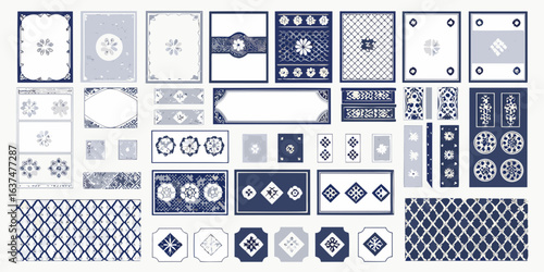 Collection of decorative frames and patterns in blue and white