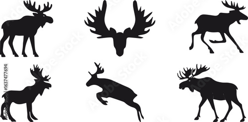 A set of six black silhouette illustrations featuring moose in different stances, including standing, running, and a close-up of antlers.