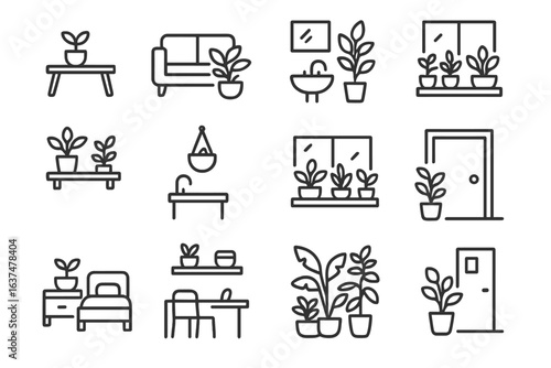 Minimalist home decor icons featuring indoor plants in various rooms