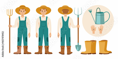 Farmers in overalls with gardening tools and boots