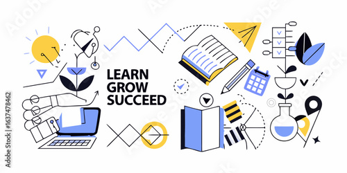 Learn grow succeed with education and technology icons