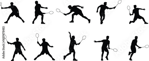 Badminton, player, silhouette, racket, serve, smash, jump, sport, black, vector, action, motion