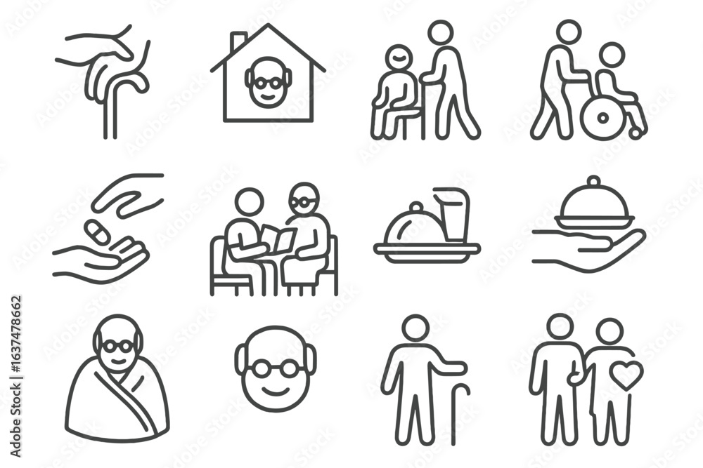 Elderly care icons: support, assistance, healthcare, home, nursing Elderly care icons: support, assistance, healthcare, home, nursing