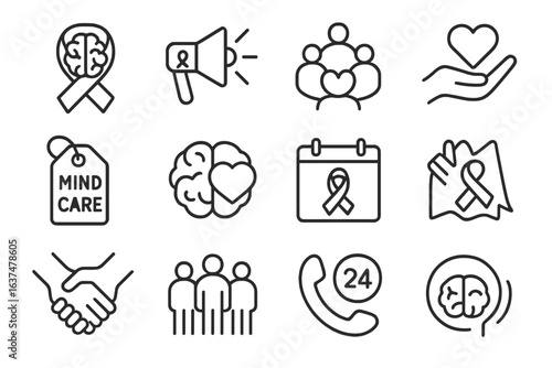 Mental health support icons: brain, heart, ribbon, community, care, handshake