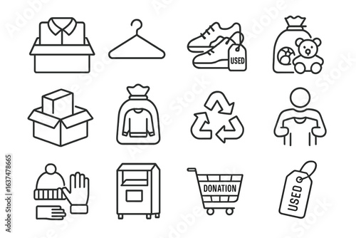 Donation icon set: used clothing and toy recycling symbols