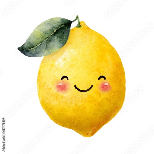 Cheerful Watercolour Lemon with Cute Face and Rosy Cheeks
