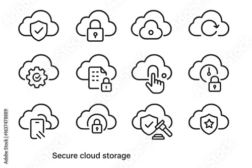 Secure cloud storage icons: security, privacy, access, encryption solutions