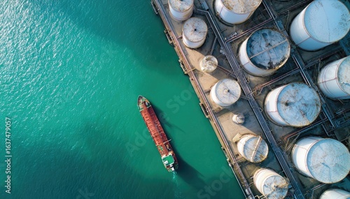 Aerial view of a tanker ship near a port with large storage tanks