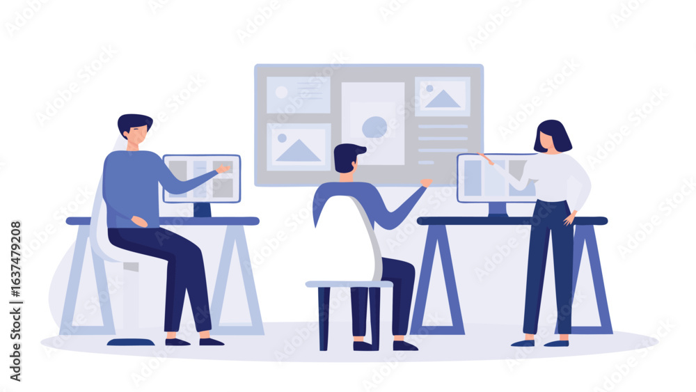 People working on computers in a modern office space with a large display on the wall behind them People working on computers in a modern office space with a large display on the wall behind them