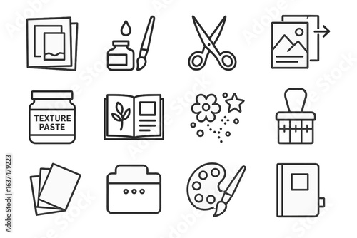 Crafting tools and supplies icons: brushes, scissors, paint, texture paste