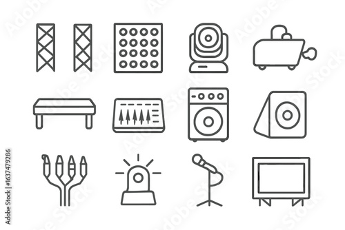 Set of black audio equipment icons on gray background