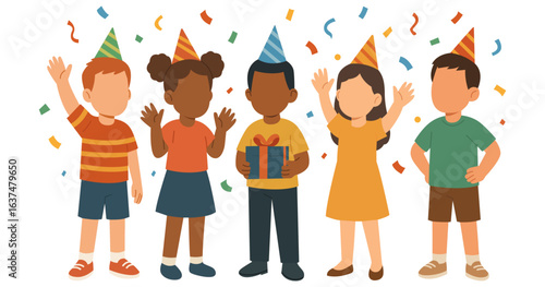 Flat vector diverse group children from various ethnicities celebrating birthday together with friends, colorful confetti in the background. Child celebrates anniversary happily while holding a gift.