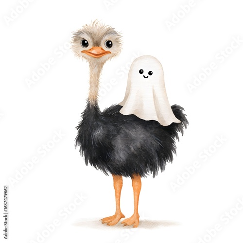Adorably Cute Halloween Themed Watercolor Illustration of an Ostrich