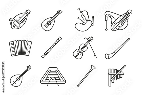 Traditional musical instruments collection on textured background
