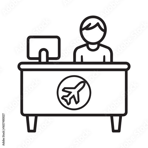 Airport Check In Desk Illustration with Airline Logo and Attendant Black and White Simple Design for Travel Concepts