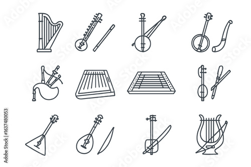 Outline icons of various traditional musical instruments on a dark background
