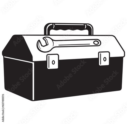 Black and white vector illustration of a closed toolbox with a spanner on top