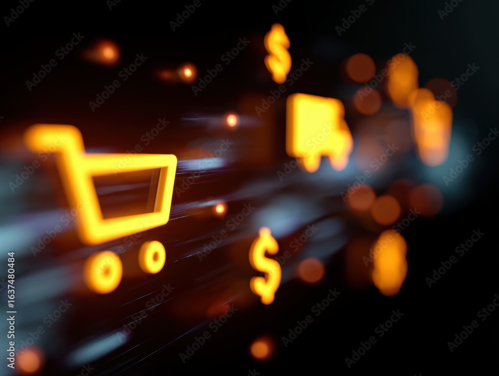 Fototapeta premium Abstract background of glowing online shopping icons (cart, dollar, delivery truck), digital ecosystem. Convenience, speed. Vibrant.