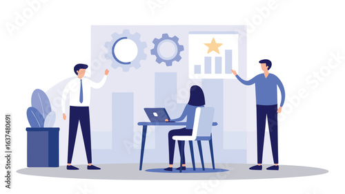 Team collaboration with graphs and gears in a modern office environment presentation setting for business review