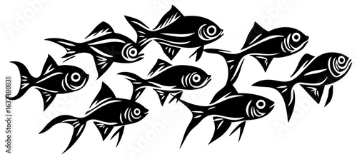 Silhouette of a Tetra Fish Group Moving in Synchronized Harmony