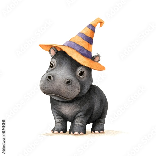 Adorable Halloween Themed Watercolor Hippo in a Witch Hat