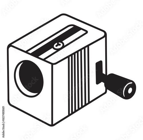 Simple black and white illustration of a pencil sharpener in isometric perspective