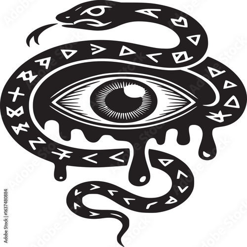 A black and white graphic design of a snake coiled around a dripping eye with runes on its body