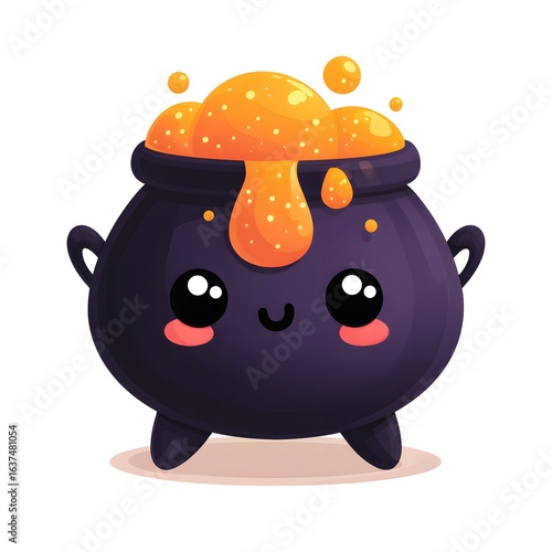 Cute Kawaii Vector Illustration of Halloween Cauldron with Bubbles