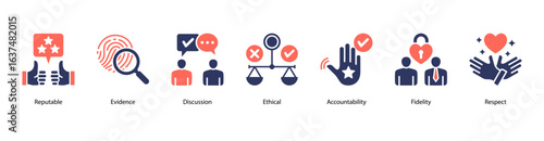 Social Reputation web banner icon vector illustration featuring Reputable, Evidence, Discussion, Ethical, Accountability, Fidelity, and Respect.