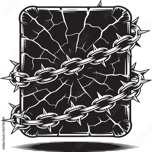 A cracked black stone tablet wrapped in spiked chains against a white background in monochrome style