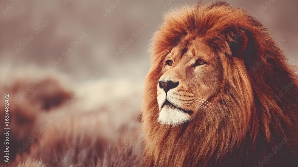 Fototapeta premium Majestic lion portrait against a blurred background.