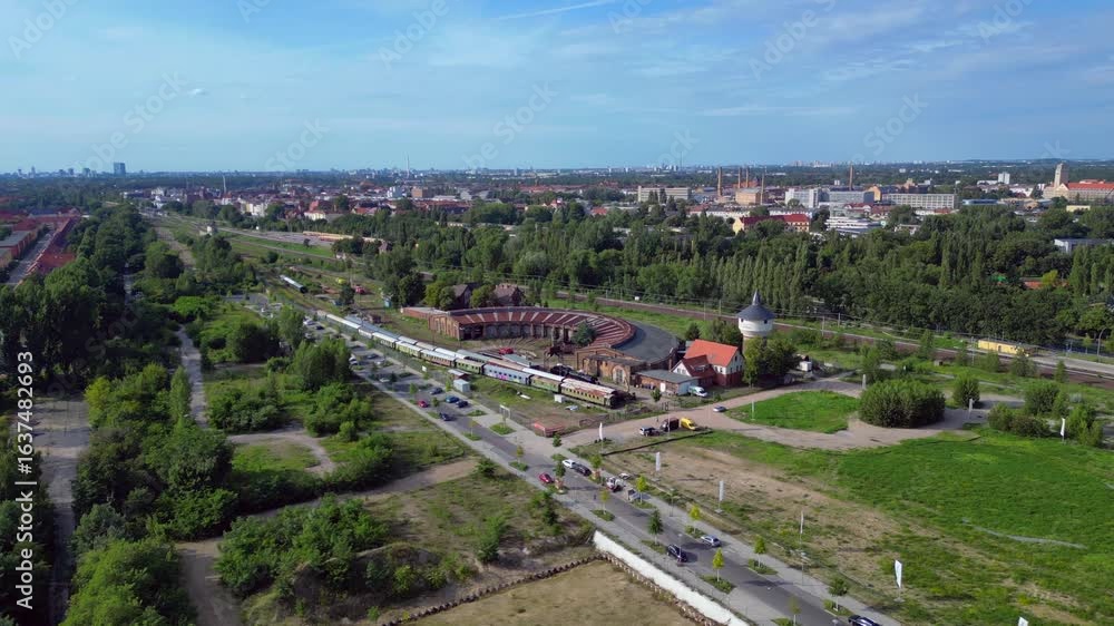 Historic round locomotive shed trains depot. Wonderful aerial view flight drone Historic round locomotive shed trains depot. Wonderful aerial view flight drone
