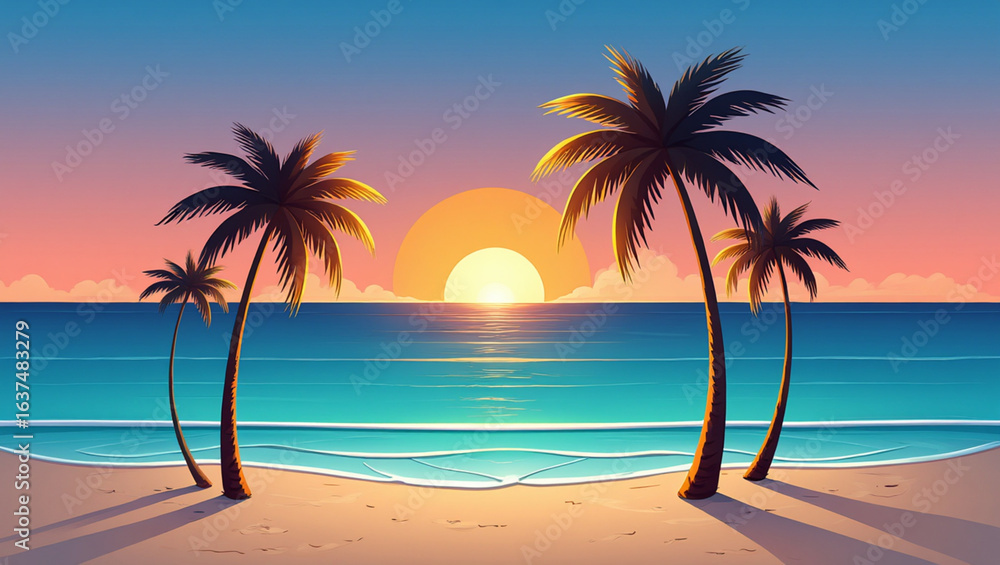 Fototapeta premium Tropical Paradise: A vibrant sunset paints the sky with warm hues as palm trees frame the tranquil turquoise waters and soft sands of an idyllic beach scene. 