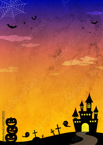 水彩のかぼちゃやおばけやお城や蝙蝠のシルエットのかわいいハロウィン背景イラスト（縦）
