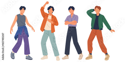 Set vector illustrations of kpop idols singing and dancing on stage. Flat vector kpop boyband. Male dancers with various different styles, poses and choreography.	
