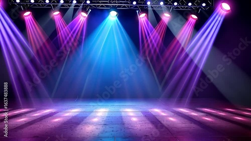 Colorful Stage Lights Illuminate Dark Performance Area, Creating Dynamic Atmosphere Filled with Excitement and Energy for Concerts and Events with Vibrant Beams of Light.