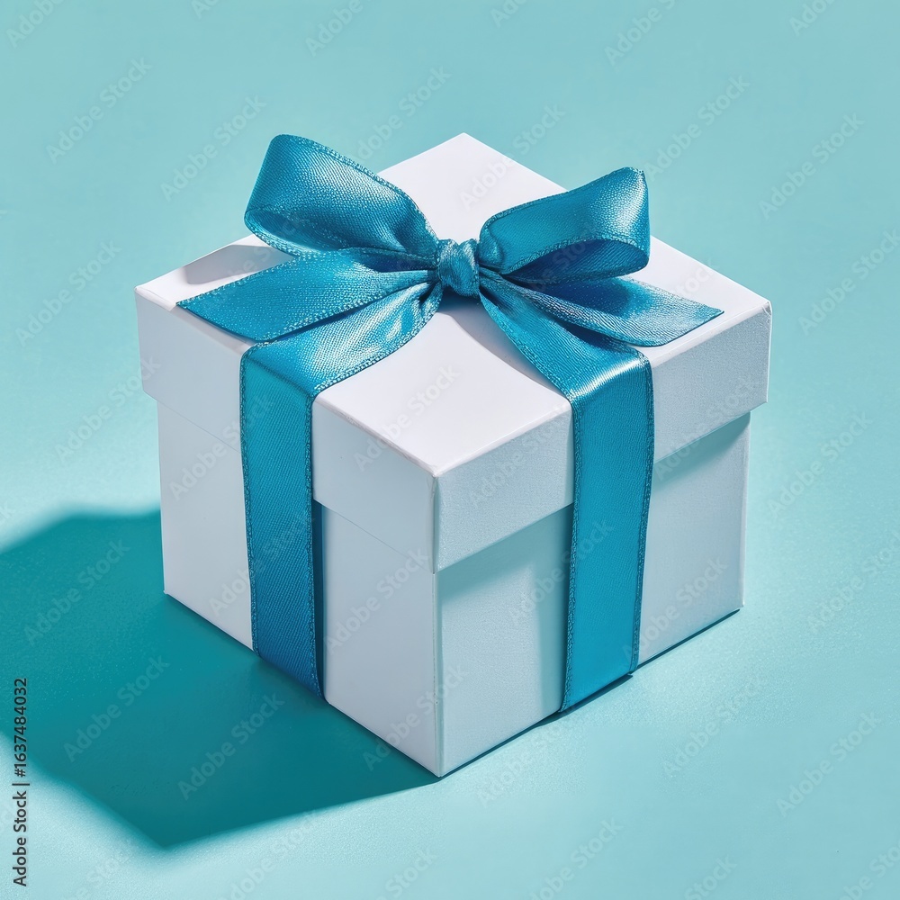 Fototapeta premium White gift box with teal ribbon bow, studio shot