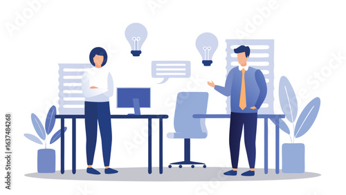 Two business people discussing ideas in an office with desks and lightbulbs above them showing innovation