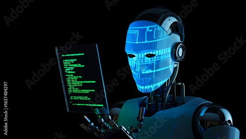 Wallpaper Mural AI Coding Robot Holographic Script Matrix Blue Cyber Interface 4K Digital Systems Torontodigital.ca