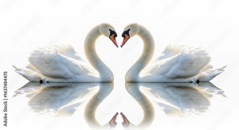 Fototapeta premium Two elegant white swans face each other, their curved necks forming a perfect heart shape reflected in calm water.