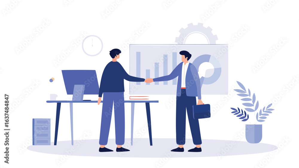 Obraz premium Two business people shaking hands in an office setting with a desk and chart in the background