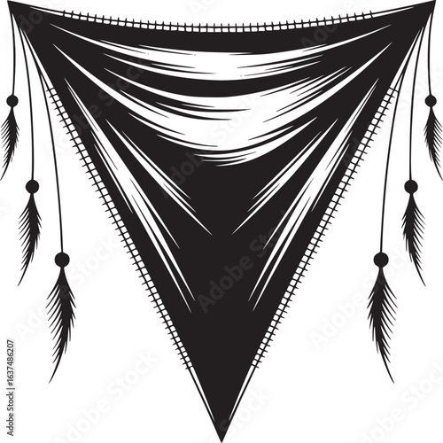 A black and white triangular shawl with tassels and feathers hanging from the corners illustration