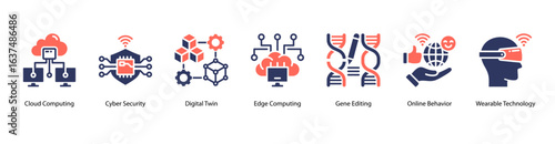 Cloud and Security Evolution web banner icon vector illustration featuring Cloud Computing, Cyber Security, Digital Twin, Edge Computing, Gene Editing, Online Behavior, and Wearable Technology.