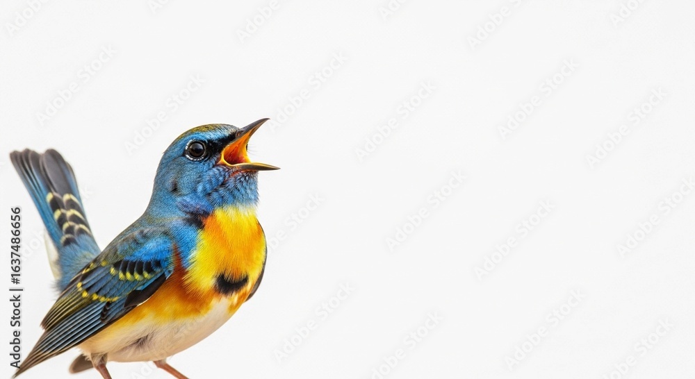 Obraz premium A vibrant blue and orange songbird chirps with its beak open, isolated against a clean white background.