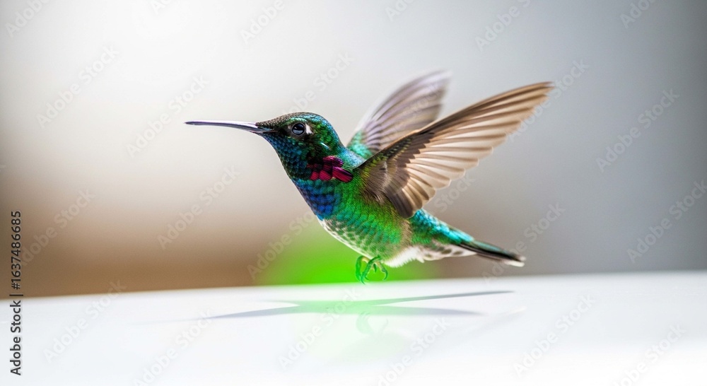Fototapeta premium An iridescent green hummingbird with a ruby throat hovers in flight, casting a mysterious green glow below.